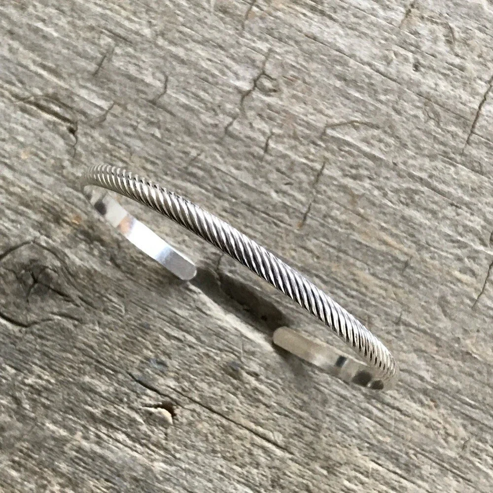 Shiny 925 Sterling Silver Diagonal Stripe Open Cuff Bangle Handmade 4.25mm